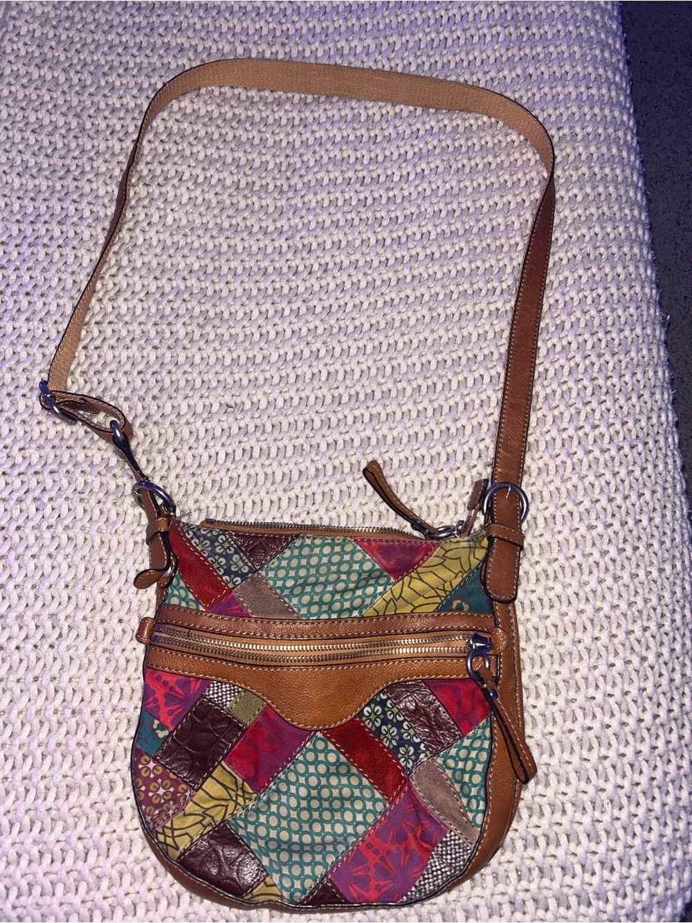 Fossil Patchwork Crossbody Bag in Tan, Red, Green, Yellow, Blue